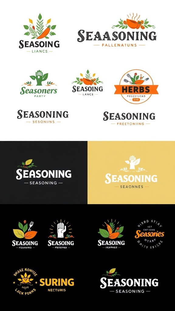 Seasoning Logo Design Ideas A selection of diverse seasoning logo designs featuring herbs, spices, and creative typography.